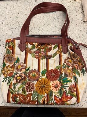 #27 Fair trade Guatemalan Embroidered Floral Canvas Tote with Brown Leather Trim